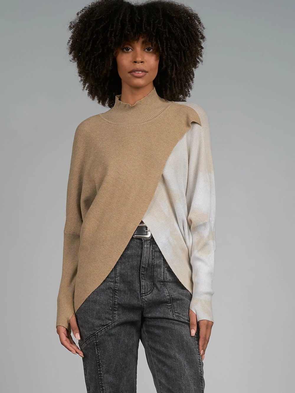 Elan Two-Tone Camel and Cream Asymmetric Turtleneck Sweater